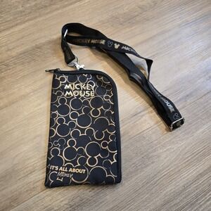 Disney Mickey Mouse Lanyard Case Black Gold ID Holder Coin Badge